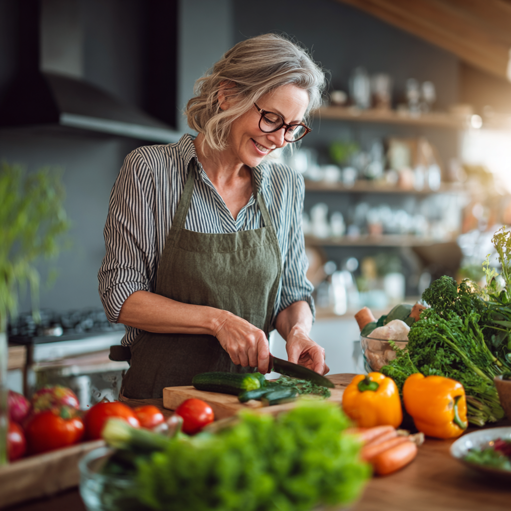 middle-aged woman preparing healthy meal in modern kitchen with fresh vegetables